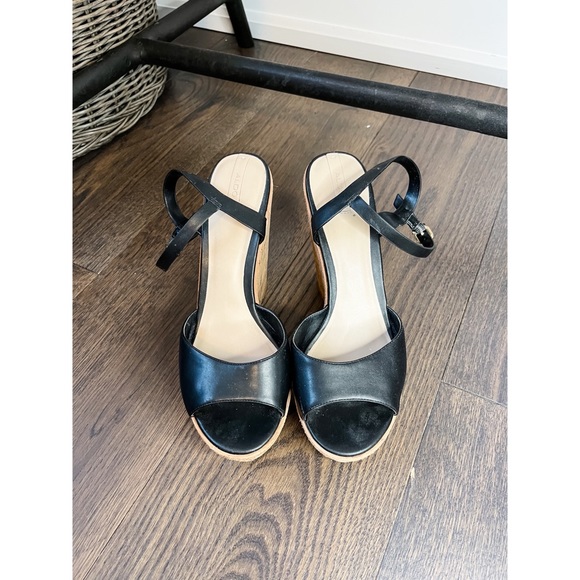 ALDO Cork and Black Leather Open-Toe Wedges, Size 10 - Picture 2 of 3